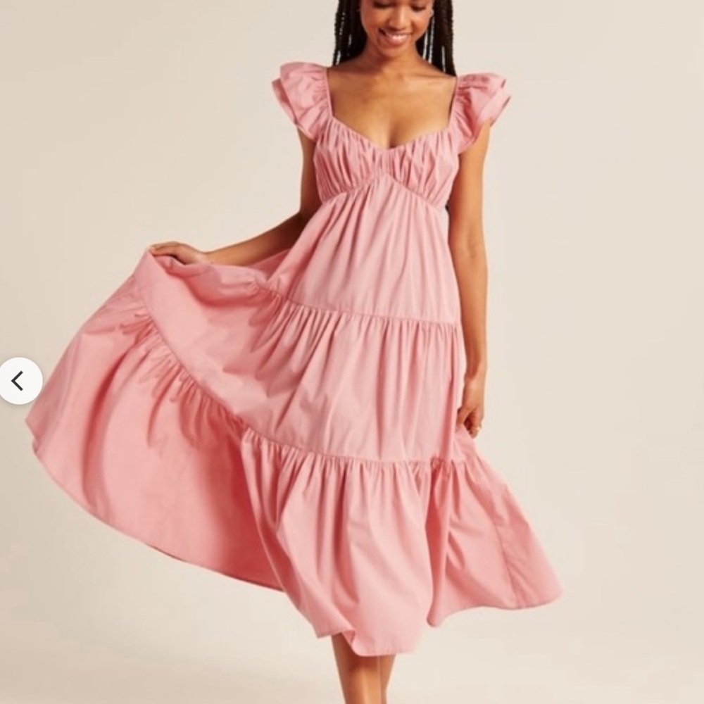 Abercrombie & Fitch Pink tiered midi dress with flutter sleeves Size Small Pet